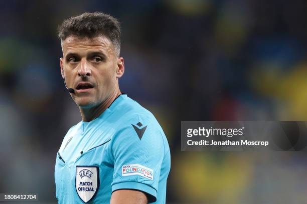 The Referee Jesus Gil Manzano of Spain looks on during the UEFA EURO 2024 European qualifier match between Ukraine and Italy at BayArena on November...