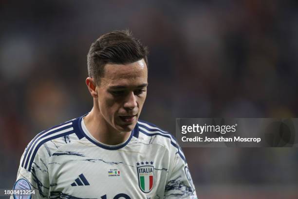 Giacomo Raspadori of Italy reacts during the UEFA EURO 2024 European qualifier match between Ukraine and Italy at BayArena on November 20, 2023 in...