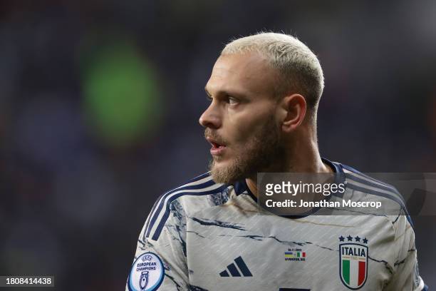 Federico Dimarco of Italy looks on during the UEFA EURO 2024 European qualifier match between Ukraine and Italy at BayArena on November 20, 2023 in...