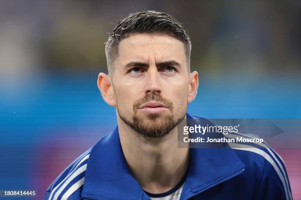 Jorginho of Italy looks on during the line up prior to the UEFA EURO 2024 European qualifier match between Ukraine and Italy at BayArena on November...