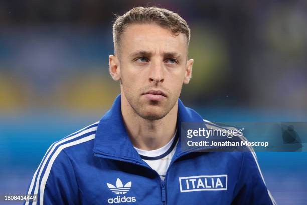 Davide Frattesi of Italy looks on during the line up prior to the UEFA EURO 2024 European qualifier match between Ukraine and Italy at BayArena on...