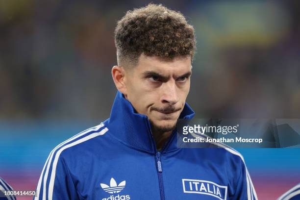 Giovanni Di Lorenzo of Italy reacts during the line up prior to the UEFA EURO 2024 European qualifier match between Ukraine and Italy at BayArena on...