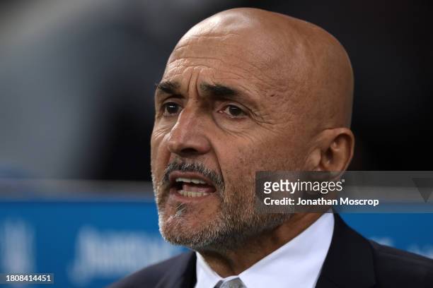 Luciano Spalletti Head coach of Italy sings the National Anthem prior to kick off in the UEFA EURO 2024 European qualifier match between Ukraine and...