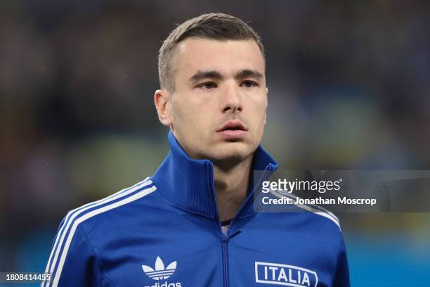 Alessandro Buongiorno of Italy looks on during the line up prior to the UEFA EURO 2024 European qualifier match between Ukraine and Italy at BayArena...