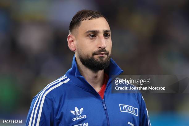 Gianluigi Donnarumma of Italy looks on during the line up prior to the UEFA EURO 2024 European qualifier match between Ukraine and Italy at BayArena...