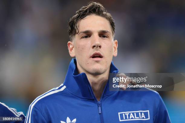 Nicolo Zaniolo of Italy looks on during the line up prior to the UEFA EURO 2024 European qualifier match between Ukraine and Italy at BayArena on...