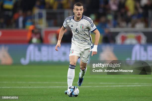 Alessandro Buongiorno of Italy during the UEFA EURO 2024 European qualifier match between Ukraine and Italy at BayArena on November 20, 2023 in...