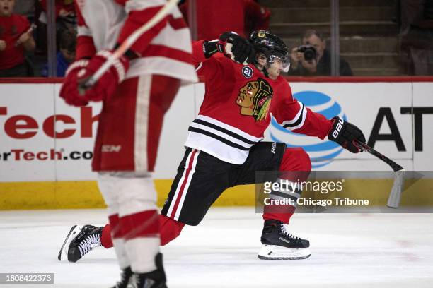 Blackhawks right wing Patrick Kane celebrates his breakaway goal during the third period against the Red Wings at the United Center on Sunday, Feb....