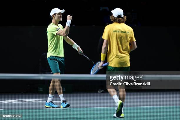 Matthew Ebden and Max Purcell of Australia celebrate winning match point in the Davis Cup Quarter Final doubles match against Jiri Lehecka and Adam...