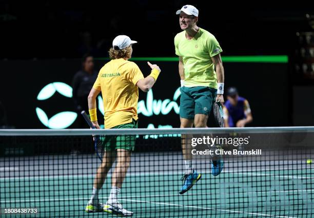 Matthew Ebden and Max Purcell of Australia celebrate winning match point in the Davis Cup Quarter Final doubles match against Jiri Lehecka and Adam...