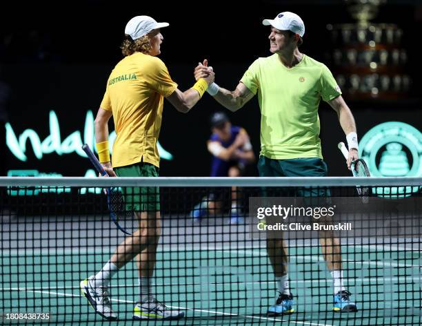 Matthew Ebden and Max Purcell of Australia celebrate winning match point in the Davis Cup Quarter Final doubles match against Jiri Lehecka and Adam...