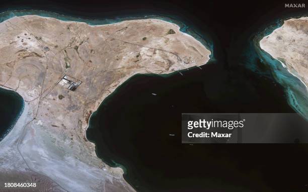 Maxar overview satellite imagery off the southern Red Sea near Hodeida, Yemen that shows the recently seized Galaxy Leader ship that was captured by...