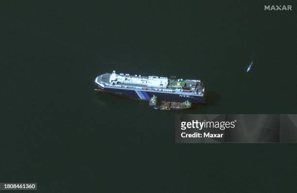 Maxar closeup view satellite imagery off the southern Red Sea near Hodeida, Yemen that shows the recently seized Galaxy Leader ship that was captured...