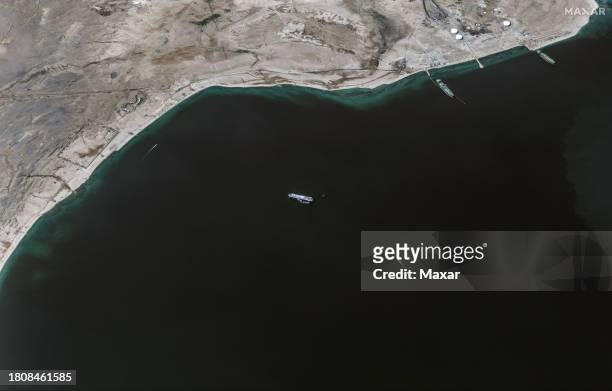 Maxar medium view satellite imagery off the southern Red Sea near Hodeida, Yemen that shows the recently seized Galaxy Leader ship that was captured...
