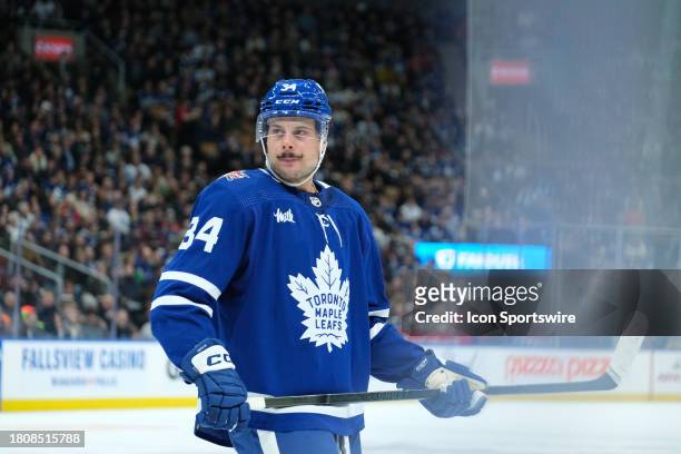 Toronto Maple Leafs center Auston Matthews looks on prior to the face off in the second period during the NHL regular season game between the Florida...