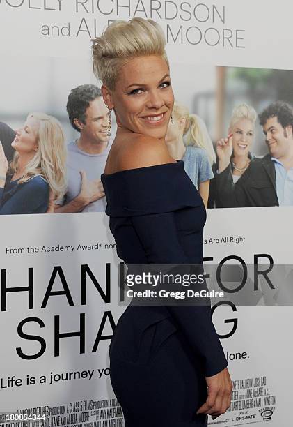Actress/singer Alecia Moore arrives at the Los Angeles premiere of "Thanks For Sharing" at ArcLight Hollywood on September 16, 2013 in Hollywood,...