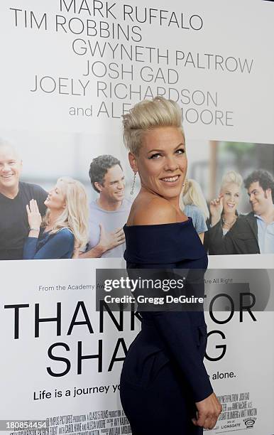 Actress/singer Alecia Moore arrives at the Los Angeles premiere of "Thanks For Sharing" at ArcLight Hollywood on September 16, 2013 in Hollywood,...