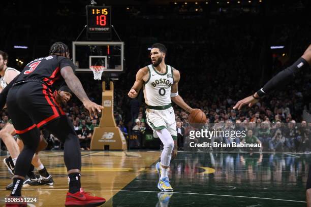 Jayson Tatum of the Boston Celtics dribbles the ball during the game against the Chicago Bulls during the In-Season Tournament on November 28, 2023...