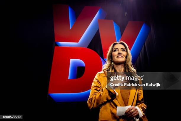 Leader of the People's Party for Freedom and Democracy Dilan Yesilgoz reacts to election loss at the election night event of her party as the exit...