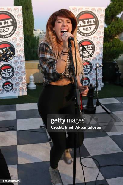 Musician Hannah Hooper of the band GROUPLOVE performs on the ALT 98.7 stage at The Historic Hollywood Tower on September 16, 2013 in Hollywood,...