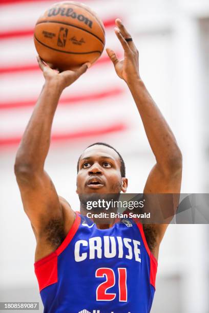 Treveon Graham of the Motor City Cruise shoots a free throw during the game against the Sioux Falls Skyforce on November 28, 2023 in Detroit,...