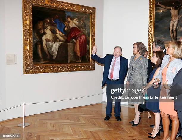 Queen Sofia of Spain and Soraya Saenz de Santamaria attend the opening of the painting exhibition 'De El Bosco a Tiziano. Arte y maravilla en El...