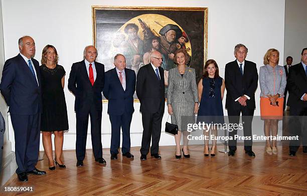 Queen Sofia of Spain and Soraya Saenz de Santamaria attend the opening of the painting exhibition 'De El Bosco a Tiziano. Arte y maravilla en El...