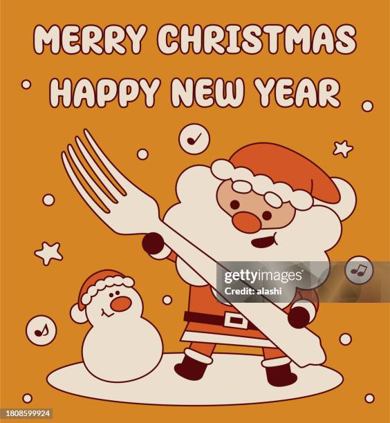 cute santa claus with a big fork wishes you a merry christmas and a happy new year - breakfast with view stock illustrations