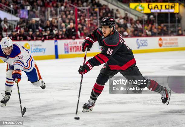 Teuvo Teravainen of the Carolina Hurricanes shoots the puck during the first period against the Edmonton Oilers at PNC Arena on November 22, 2023 in...