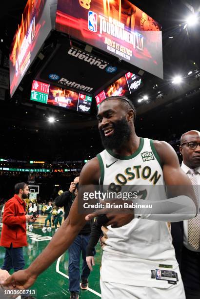 Jaylen Brown of the Boston Celtics smiles after the game against the Chicago Bulls during the In-Season Tournament on November 28, 2023 at the TD...