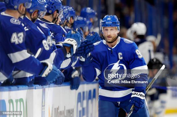 Steven Stamkos of the Tampa Bay Lightning celebrates a goal in the first period during a game against the Winnipeg Jets at Amalie Arena on November...