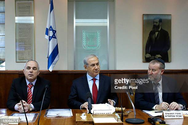 Israeli Prime Minister Benjamin Netanyahu chairs the weekly cabinet meeting on September 17, 2013 in Jerusalem, Israel. Netanyahu is scheduled to...