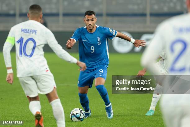 Vangelis Pavlidis of Greece in action during the UEFA EURO 2024 European qualifier match between Greece and France at OPAP Arena, Agia Sofia Stadium...