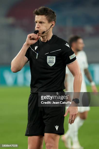 Referee Daniel Siebert of Germany gestures during the UEFA EURO 2024 European qualifier match between Greece and France at OPAP Arena, Agia Sofia...
