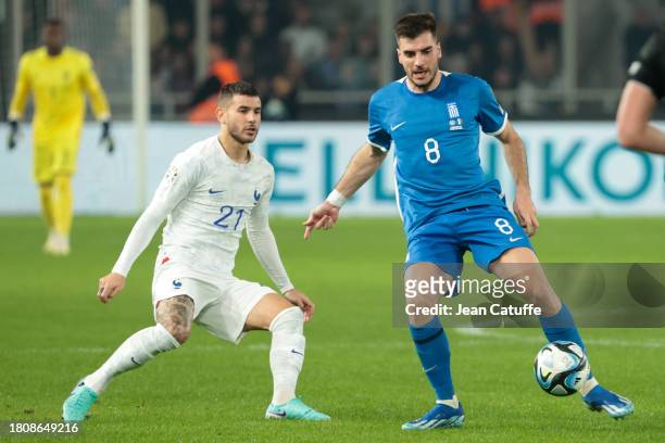 Lucas Hernandez of France, Fotis Ioannidis of Greece in action during the UEFA EURO 2024 European qualifier match between Greece and France at OPAP...
