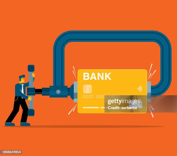 credit card being squeezed - pressure clamp stock illustrations