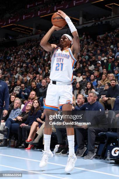 Aaron Wiggins of the Oklahoma City Thunder shoots the ball during the game against the Minnesota Timberwolves during the In - Season Tournament on...