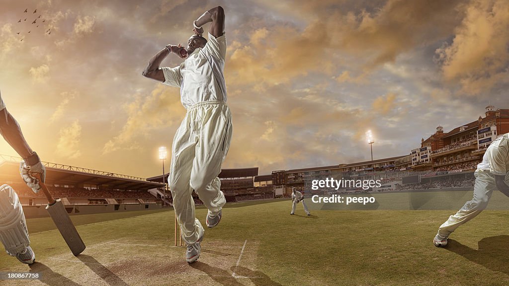 Bowler Delivering a Fast Ball During a Cricket Game