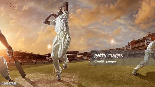 bowler delivering a fast ball during a cricket game - baseball crowd stock pictures, royalty-free photos & images