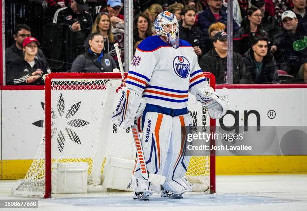 Calvin Pickard of the Edmonton Oilers looks on during the second period against the Carolina Hurricanes at PNC Arena on November 22, 2023 in Raleigh,...