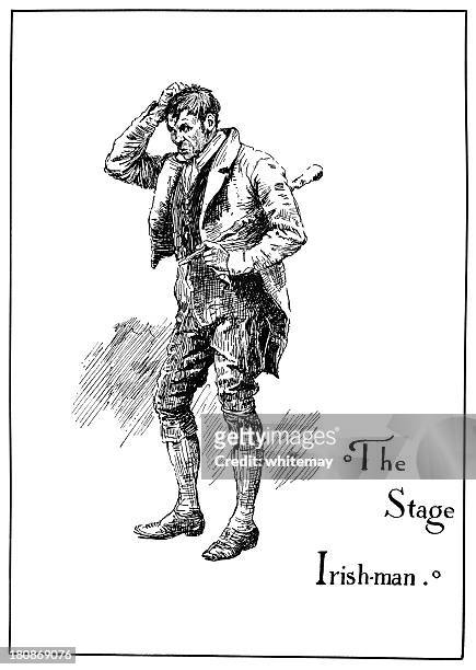 theatrical characters - the stage irishman - woodcut stock illustrations