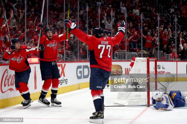 Oshie of the Washington Capitals celebrates a second period goal against the Buffalo Sabres at Capital One Arena on November 22, 2023 in Washington,...