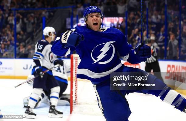 Brayden Point of the Tampa Bay Lightning celebrates a goal in the second period during a game against the Winnipeg Jets at Amalie Arena on November...