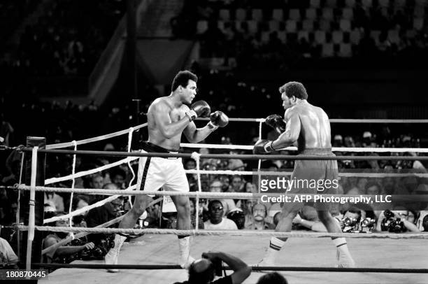 Former world heavyweight champion Muhammad Ali and titleholder US George Foreman fight on October 30, 1974 in Kinshasa, Zaire during their world...