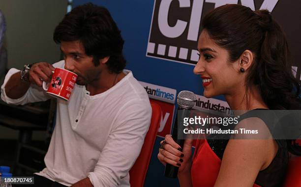 Indian Bollywood actors Shahid Kapoor and Ileana D'Cruz during an exclusive interview for the promotion of upcoming movie Phata Poster Nikla Hero at...