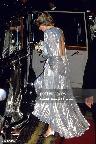 Diana, Princess of Wales, wearing a silver lame dress with an open back designed by Bruce Oldfield, attends the Film Premiere of the James Bond film...