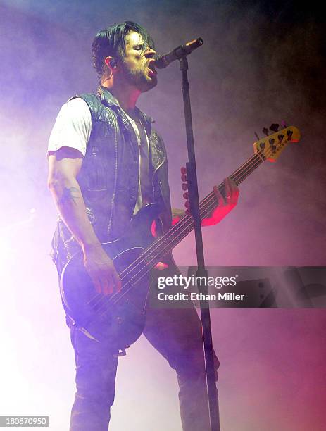 Bassist Tobin Esperance of the band Papa Roach performs during the Carnival of Madness tour at The Joint inside the Hard Rock Hotel & Casino on...