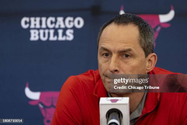 Arturas Karnisovas, executive vice president of basketball operations, speaks as the Chicago Bulls introduce first-round draft pick Dalen Terry on...
