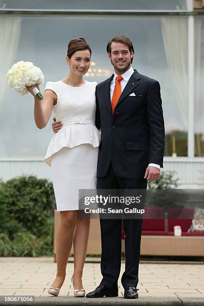 Prince Felix Of Luxembourg and Princess Claire of Luxembourg celebrate in front of photograhers after taking their vows at their Civil Wedding...