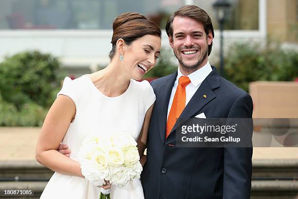 Prince Felix Of Luxembourg and Princess Claire of Luxembourg celebrate in front of photograhers after taking their vows at their Civil Wedding...